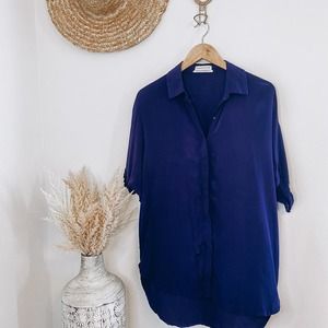 Urban Outfitters UO Half Sleeve Oversized Silk Button Down Blouse in Navy Blue